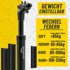 BikePeak Federsattelstütze Ø wählbar 350mm schwarz inkl. 4 Wechselfedern