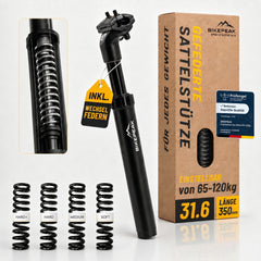 BikePeak Federsattelstütze Ø wählbar 350mm schwarz inkl. 4 Wechselfedern