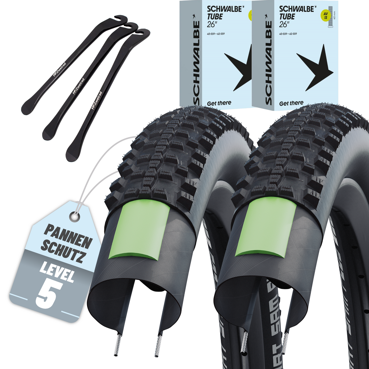 2x Schwalbe Smart Sam Plus Fahrradreifen 26"  54-559 + AV|DV|SV und Reifenheber