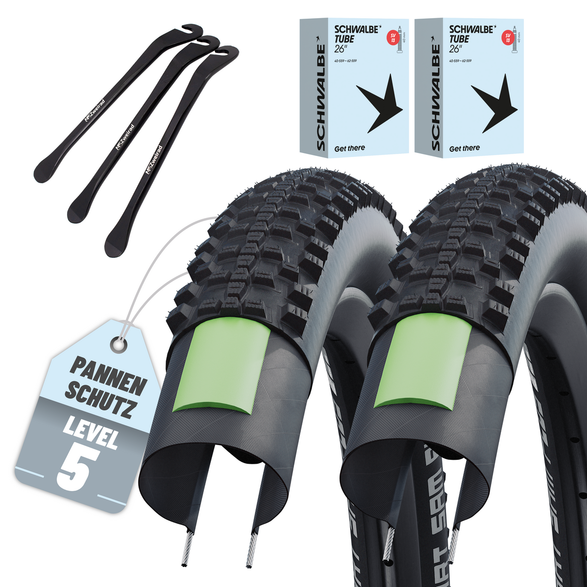 2x Schwalbe Smart Sam Plus Fahrradreifen 26"  54-559 + AV|DV|SV und Reifenheber