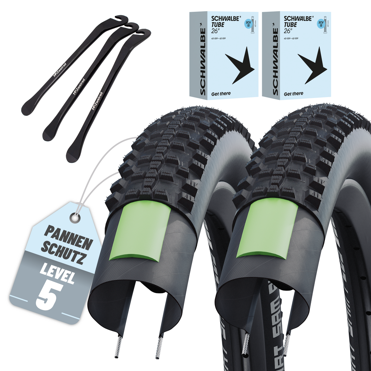 2x Schwalbe Smart Sam Plus Fahrradreifen 26"  54-559 + AV|DV|SV und Reifenheber