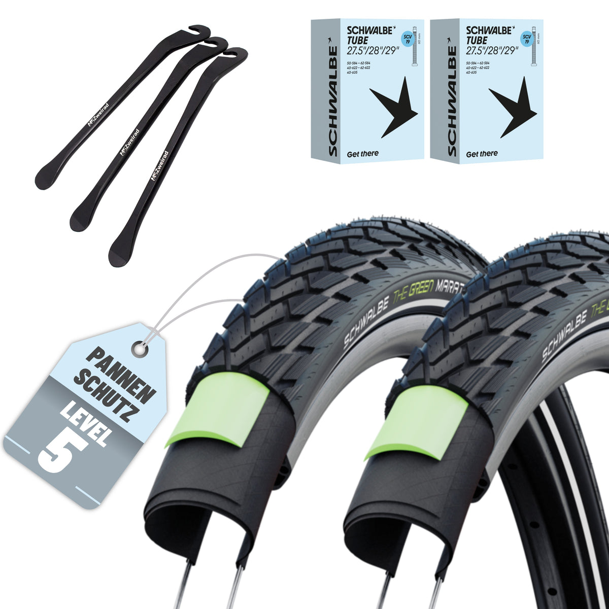 2 x Schwalbe Marathon GreenGuard Fahrradreifen 28 x 1,10 (28-622) Reflex + 3 MSZweirad Reifenheber – Schlauch wählbar