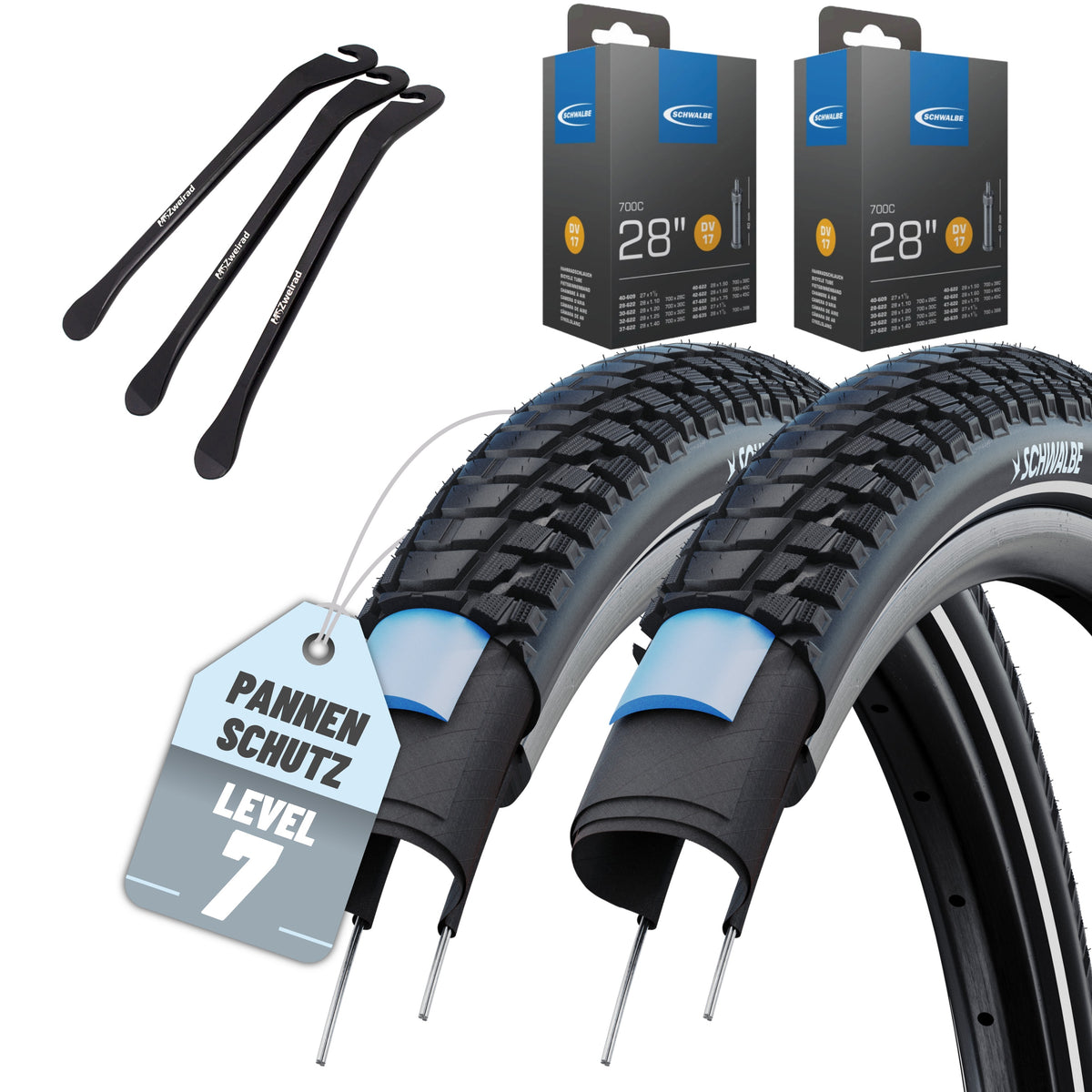 2x Schwalbe Fahrradreifen Marathon Plus Tour 28 x 1.50 (40-622) Drahtreifen Modell 2026 mit AV/DV/SV/SCV Schläuchen inkl. Reifenheber