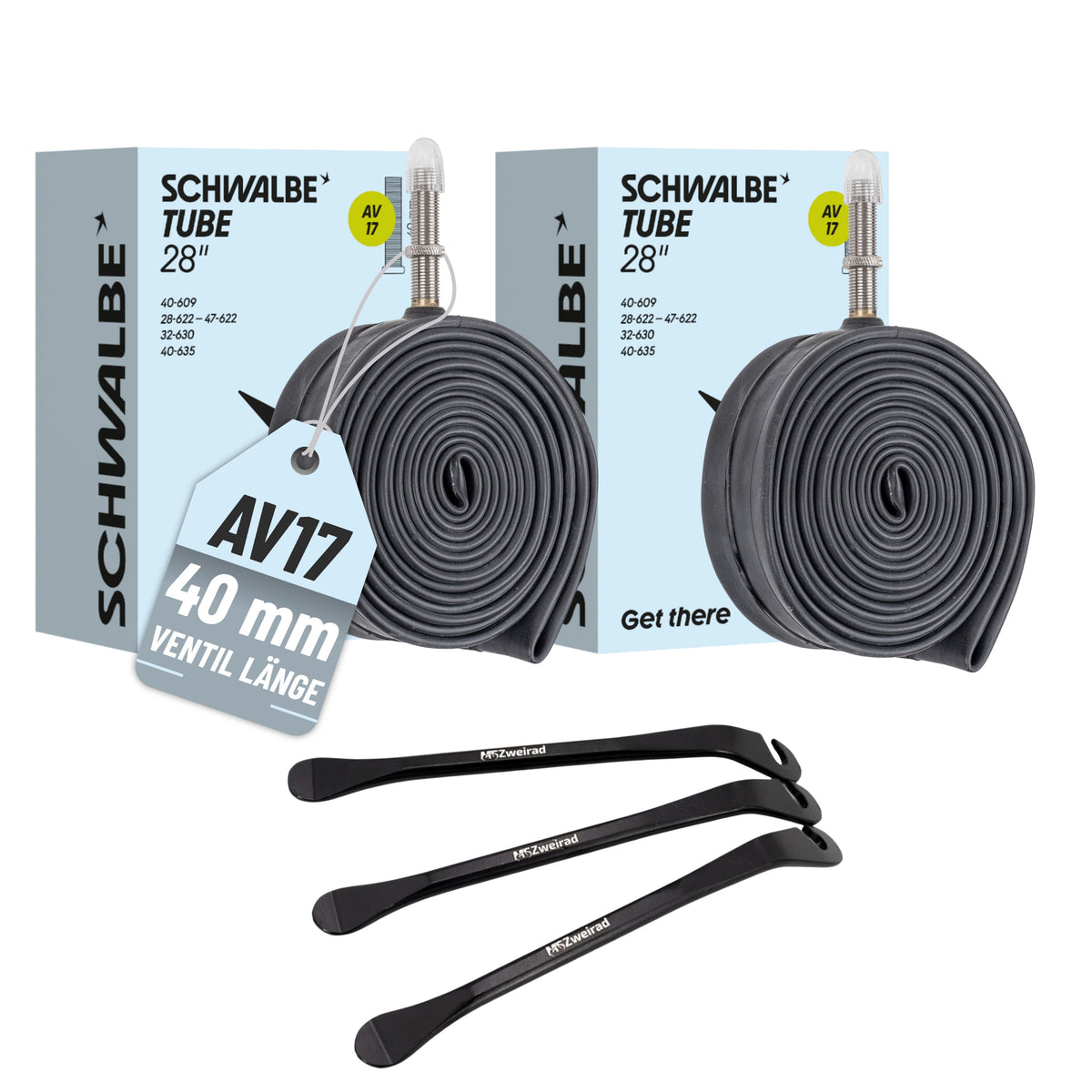 2x Schwalbe Schlauch AV17 40mm (28") 28/47-622/635 Modell 2026 mit MSZweirad Reifenheber