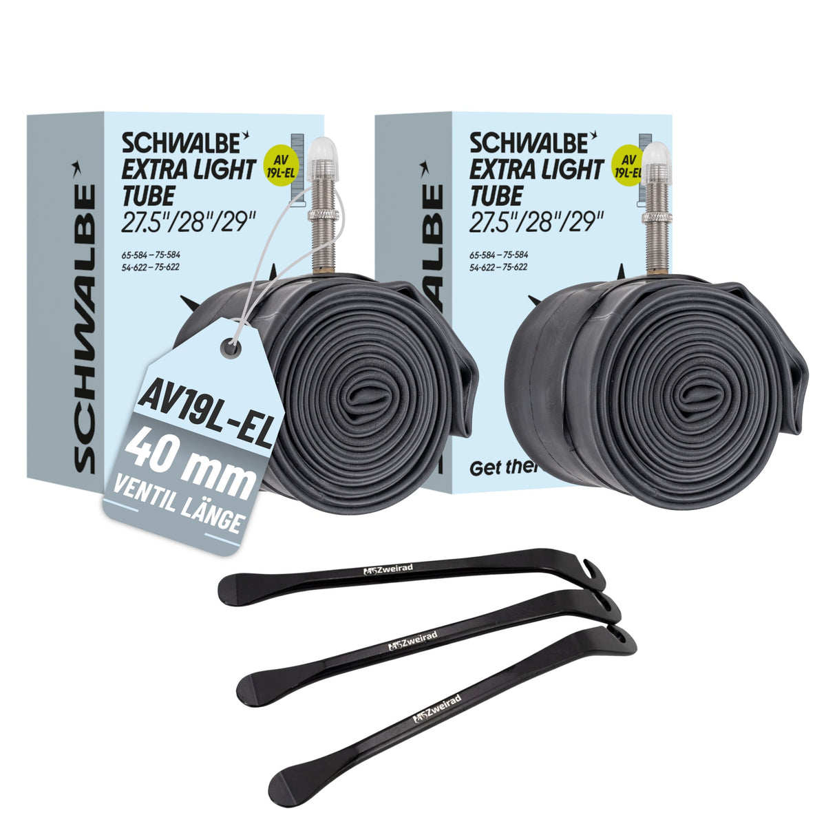 2x Schwalbe Schlauch AV19L-EL 40mm (27.5"/28"/29") 54/75-584/622 Modell 2026 + Reifenheber