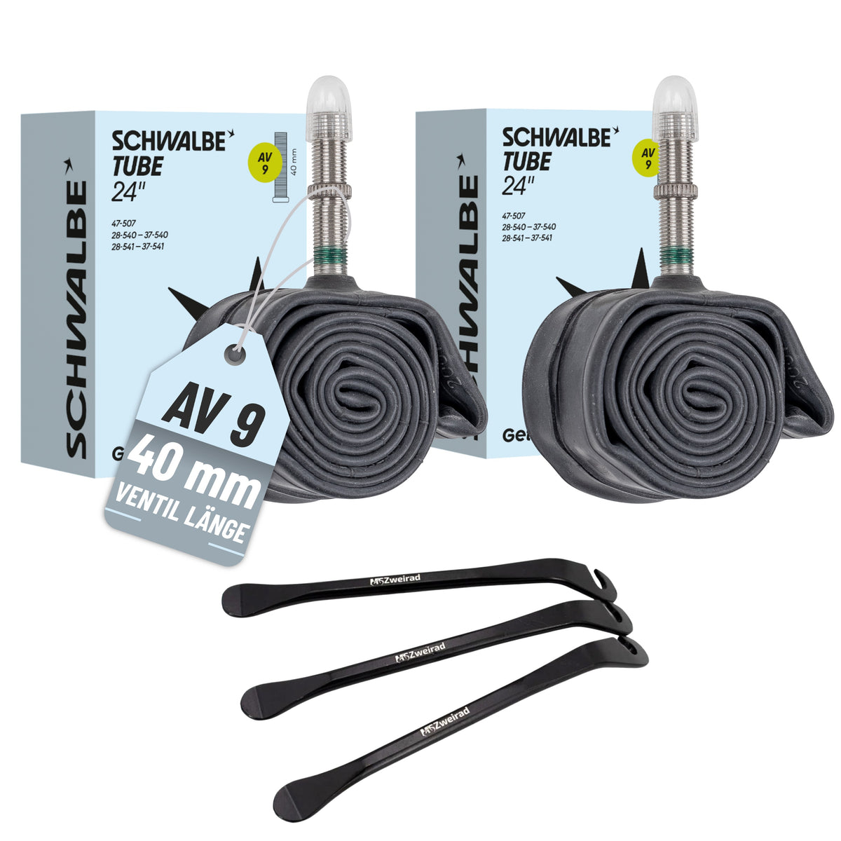 2x Schwalbe Schlauch AV9 40mm (24") 28/47-507/541 Modell 2026 + Reifenheber