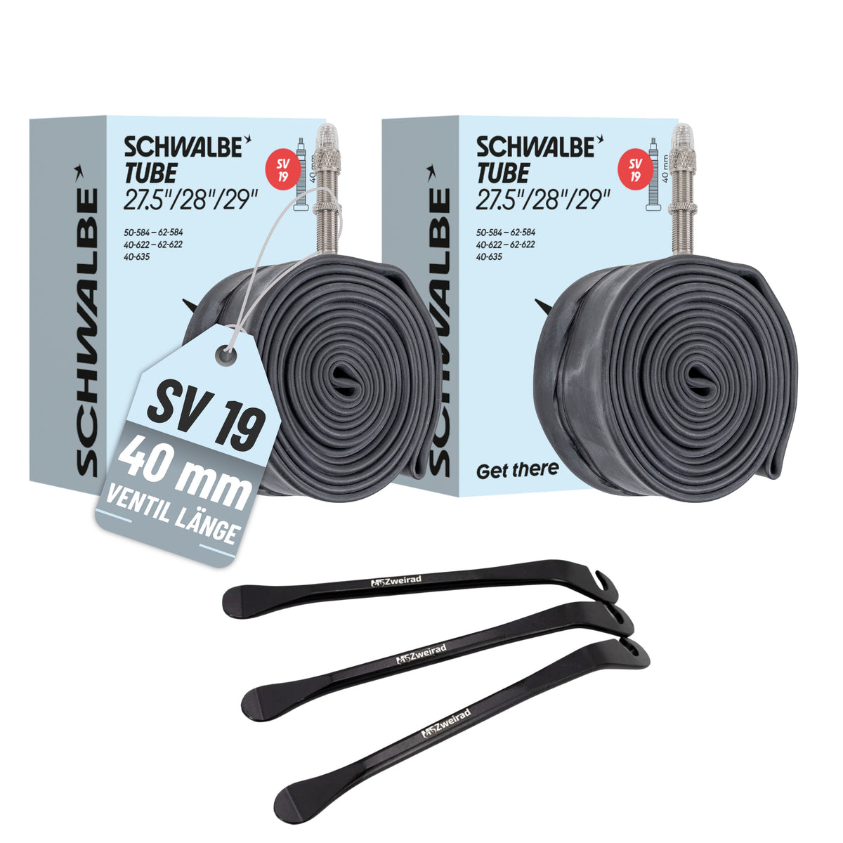 2x Schwalbe Schlauch SV19 40mm (27,5"/28"/29") 40/62-584/635 Modell 2026 + Reifenheber