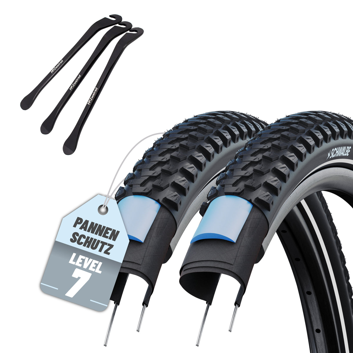 2er Set Schwalbe Reifen Marathon Plus MTB Schwarz Reflex 27.5 x 2.10 (54-584)" + 3x MSZweirad Reifenheber