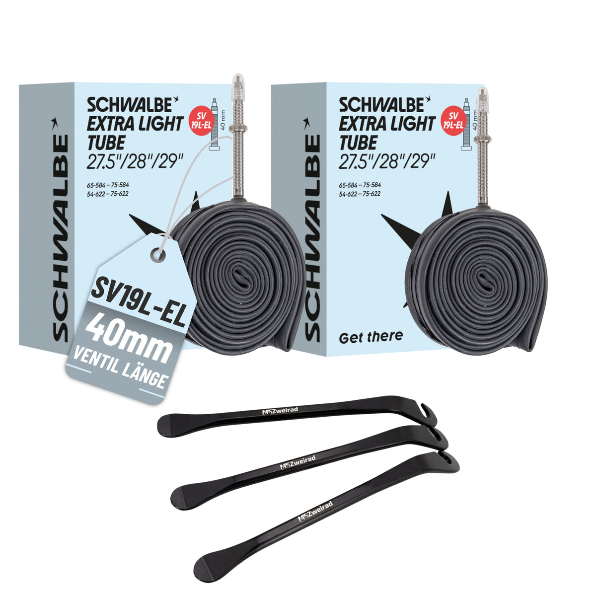 2x Schwalbe Schlauch SV19L-EL 40mm (27,5"/28"/29") 54/75-584/622 Modell 2026 + Reifenheber