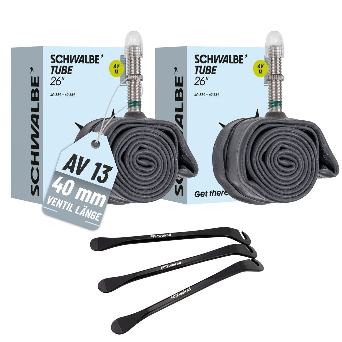 2x Schwalbe Schlauch AV13 40mm 26" 40/62-559 Modell 2026 mit Reifenheber