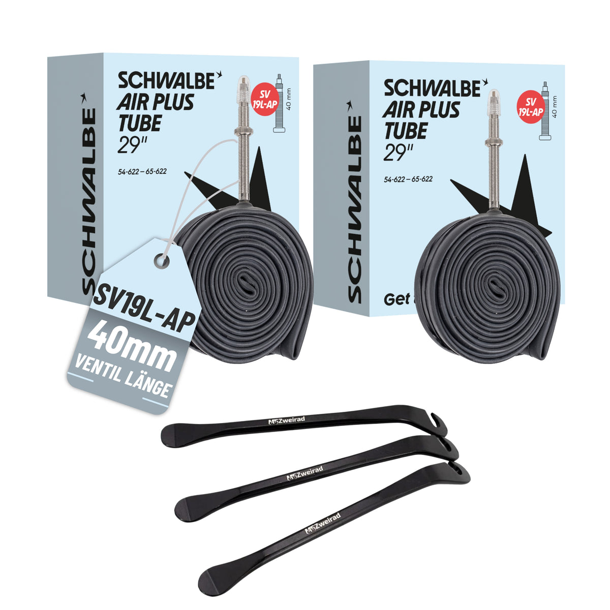 2x Schwalbe Schlauch SV19L-AP AIR PLUS 40mm 54/65-622 Modell 2026 + Reifenheber
