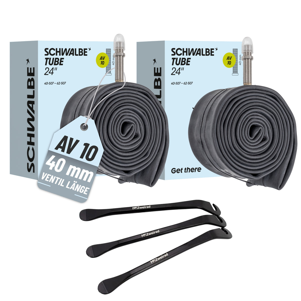 2er Set Schwalbe Schlauch AV10 40mm (24") 40/62-507 Modell 2026 + Reifenheber