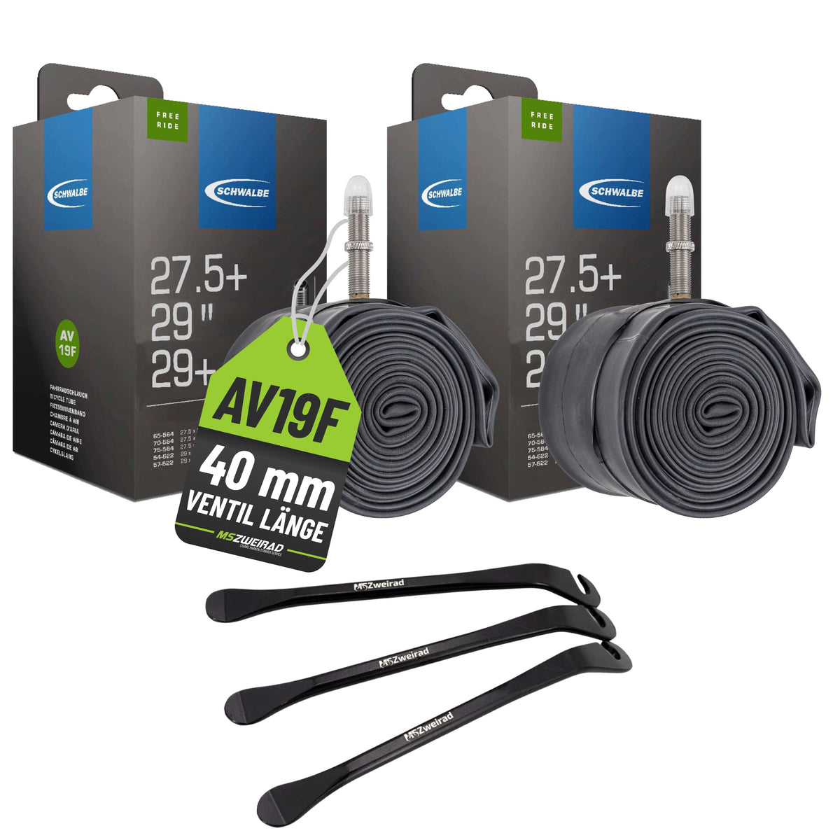 2x Schwalbe Schlauch AV 19F 40 mm für 27,5"+/29"/29"+Fr. (65-584-75-622) mit Reifenheber
