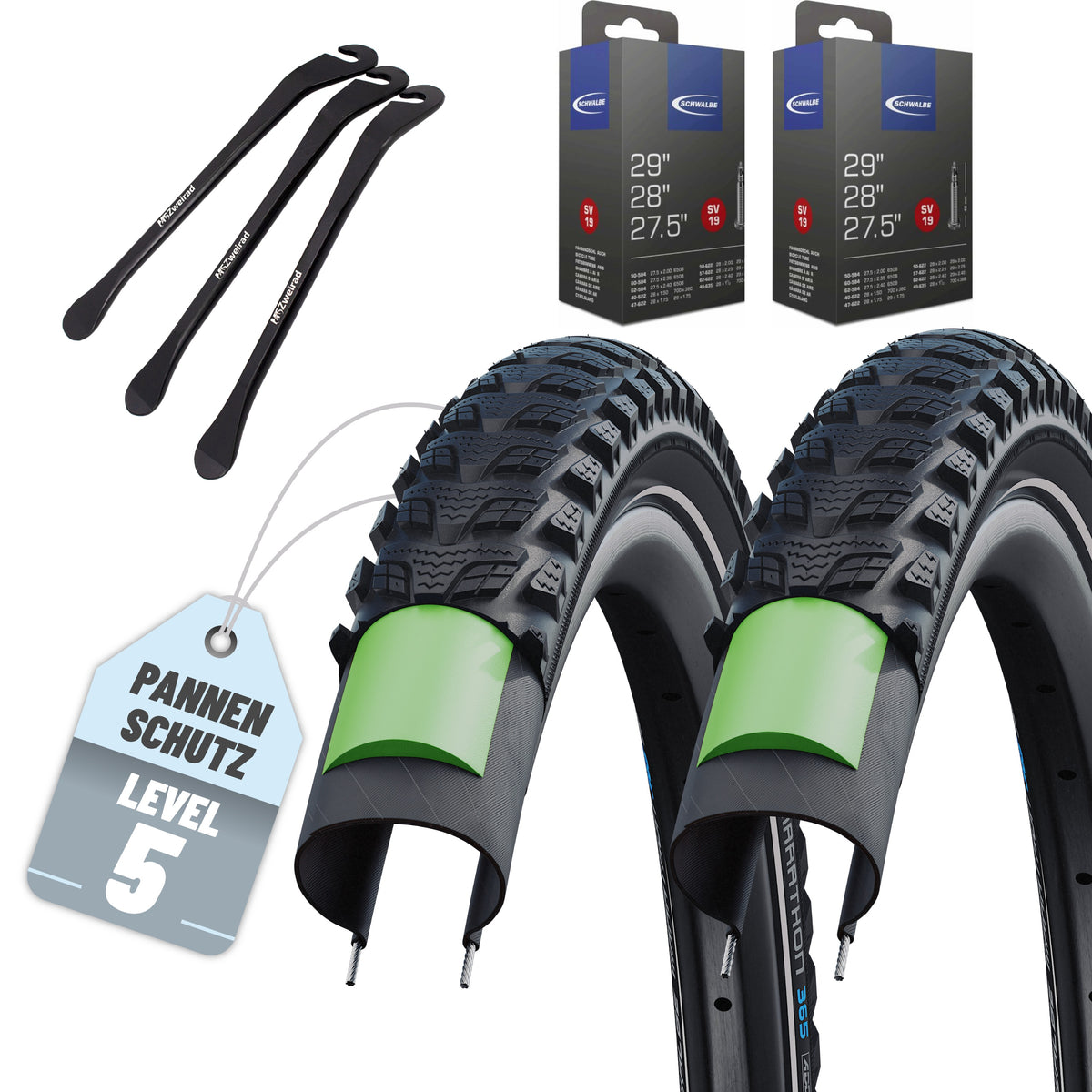 2er Set Schwalbe Reifen Marathon 365 Schwarz Reflex 28 x 2.00 (50-622)" Drahtreifen Modell 2026 + Reifenheber