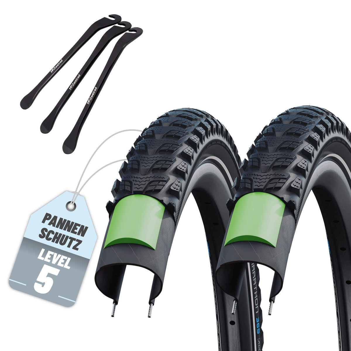 2er Set Schwalbe Reifen Marathon 365 Schwarz Reflex 28 x 2.00 (50-622)" Drahtreifen Modell 2026 + Reifenheber