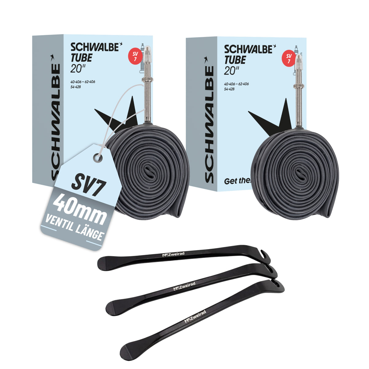 2x Schwalbe Schlauch SV7 40mm (20") 40/62-406 Modell 2026 + Reifenheber