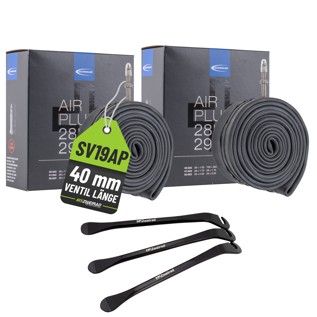 2x Schwalbe Schlauch SV19AP AIR PLUS 40mm 28/29" (40/62-622) mit 3er Set Reifenheber