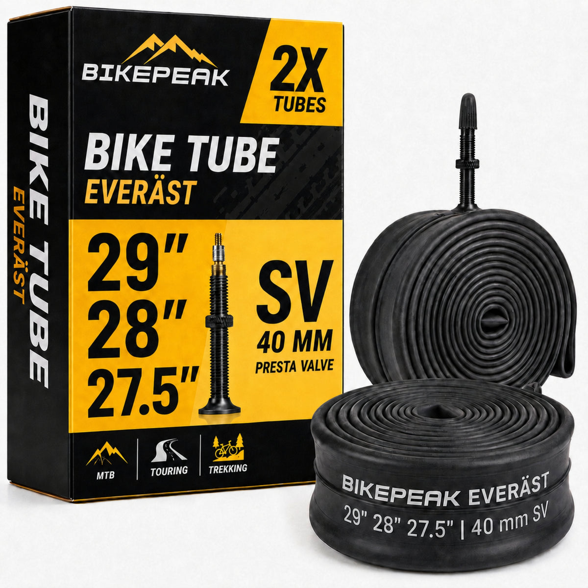 BikePeak 2x Fahrradschlauch Everäst MTB 29/28/27,5 Zoll mit Sclaverand/Presta Ventil 40mm
