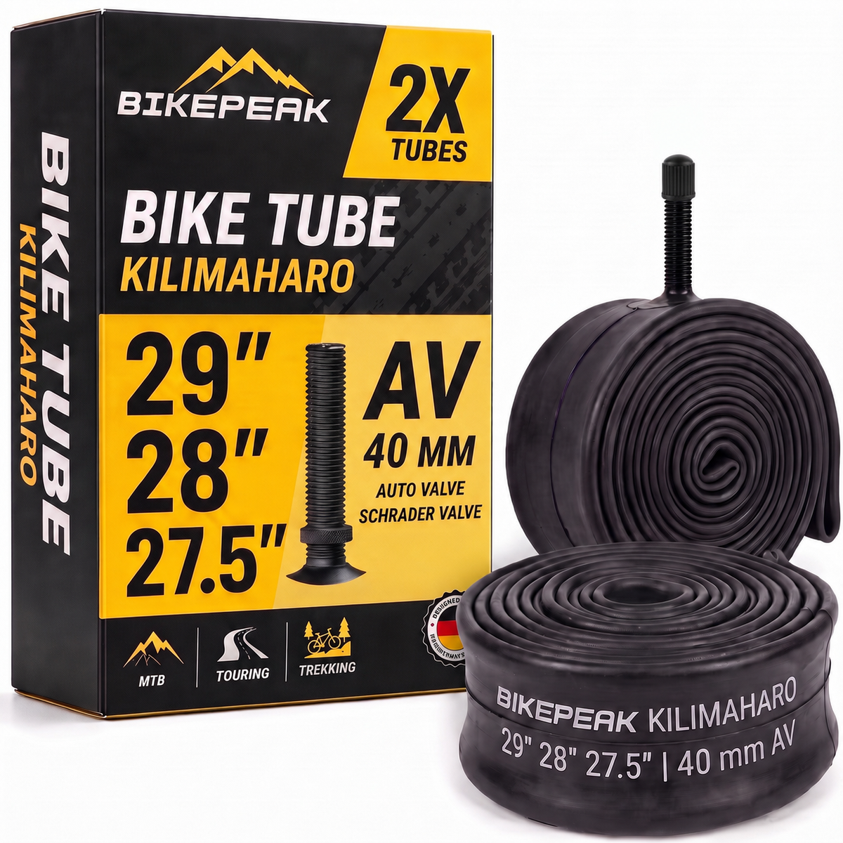 BikePeak 2x Fahrradschlauch Kilimaharo MTB 29/28/27,5 Zoll mit Auto/Schrader Ventil 40mm