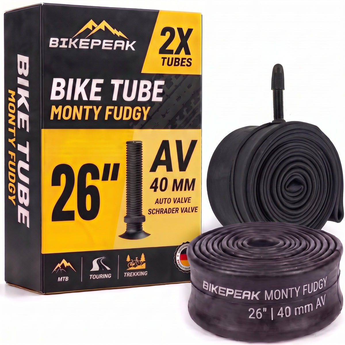 BikePeak 2x Fahrradschlauch Monty Fudgy MTB 26 Zoll mit Auto/Schrader Ventil 40mm