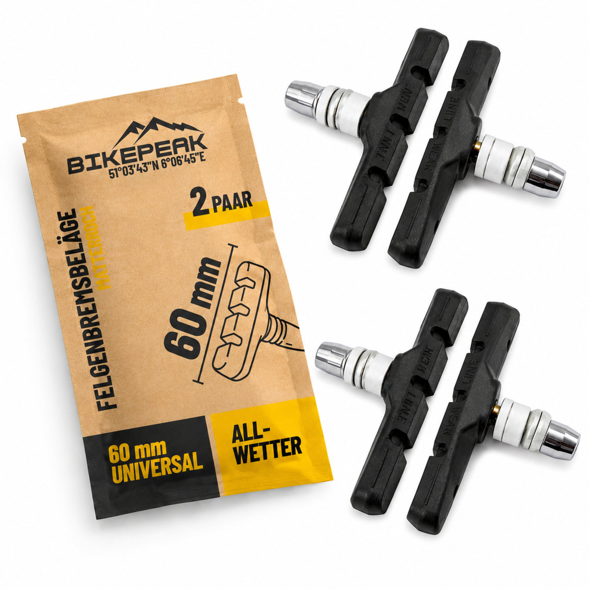 BikePeak V-Brake Bremsbeläge 60mm – 4er Set Felgenbremse 20-29 Zoll