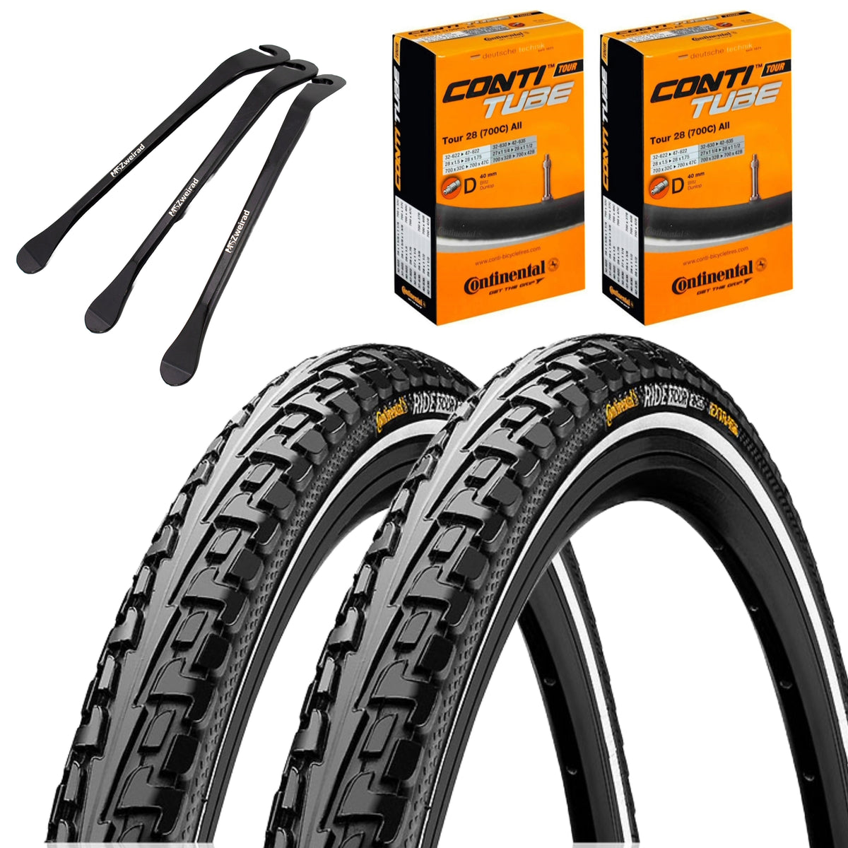2x Continental Reifen Ride Tour Schwarz Reflex 28" (42-622) Schlauch wählbar + MSZweirad Reifenheber