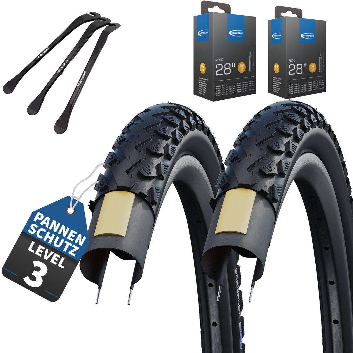 2er Set Schwalbe Reifen Land Cruiser schwarz 28 x 1,40 (37-622)" + Wählbar Schläuche + 3 Metall Reifenheber E Bike