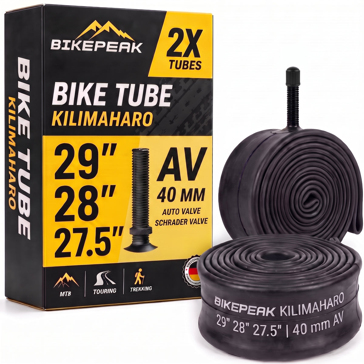BikePeak 2x Fahrradschlauch Kilimaharo MTB 29/28/27,5 Zoll mit Auto/Schrader Ventil 40mm