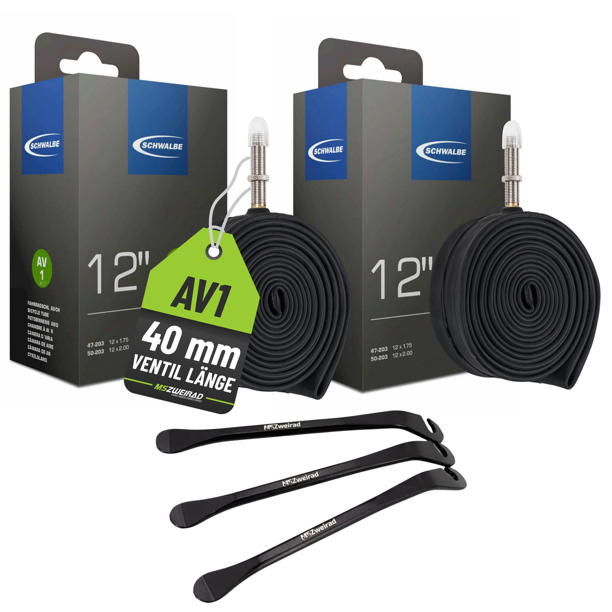 2x Schwalbe Fahrradschlauch AV 1 Gerade 47/62-203 EK AV 40 mm mit Reifenheber
