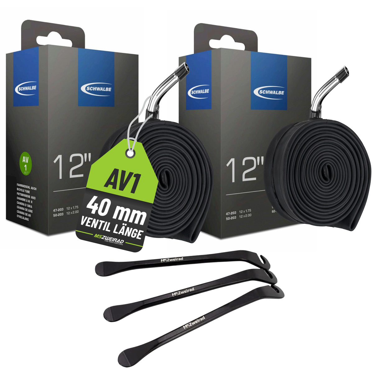 2x Schwalbe Fahrradschlauch 12 Zoll AV 1 ungerade 47/62-203 mit Reifenheber