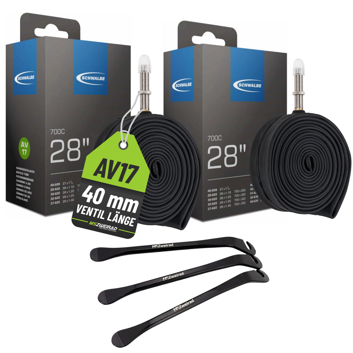 2x Schwalbe Schlauch AV17 40 mm (28"/700C) 28/47-622/635 mit Reifenheber