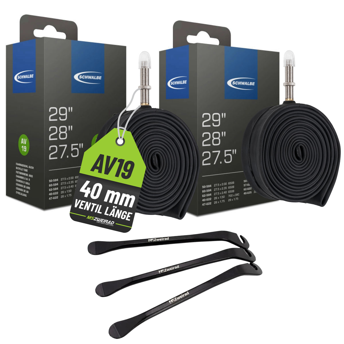 2x Schwalbe Schlauch AV 19 für 28/29 Zoll Ventil 40 mm mit Reifenheber