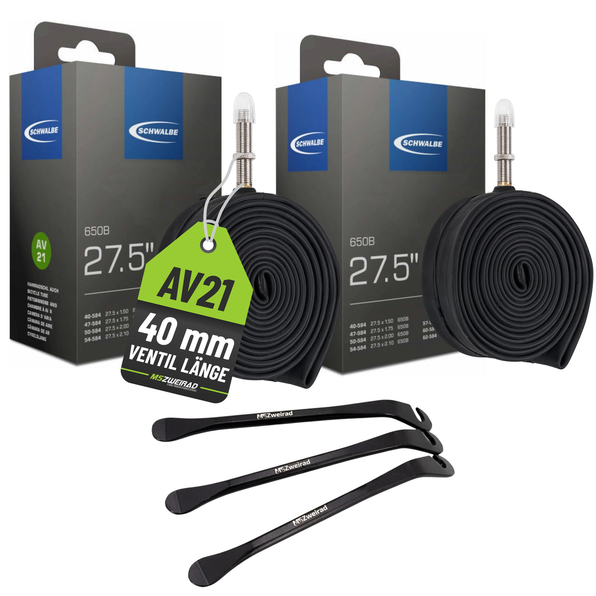 2x Schwalbe Fahrradschlauch 27,5 Zoll AV21 40 mm 40/62-584 + Reifenheber