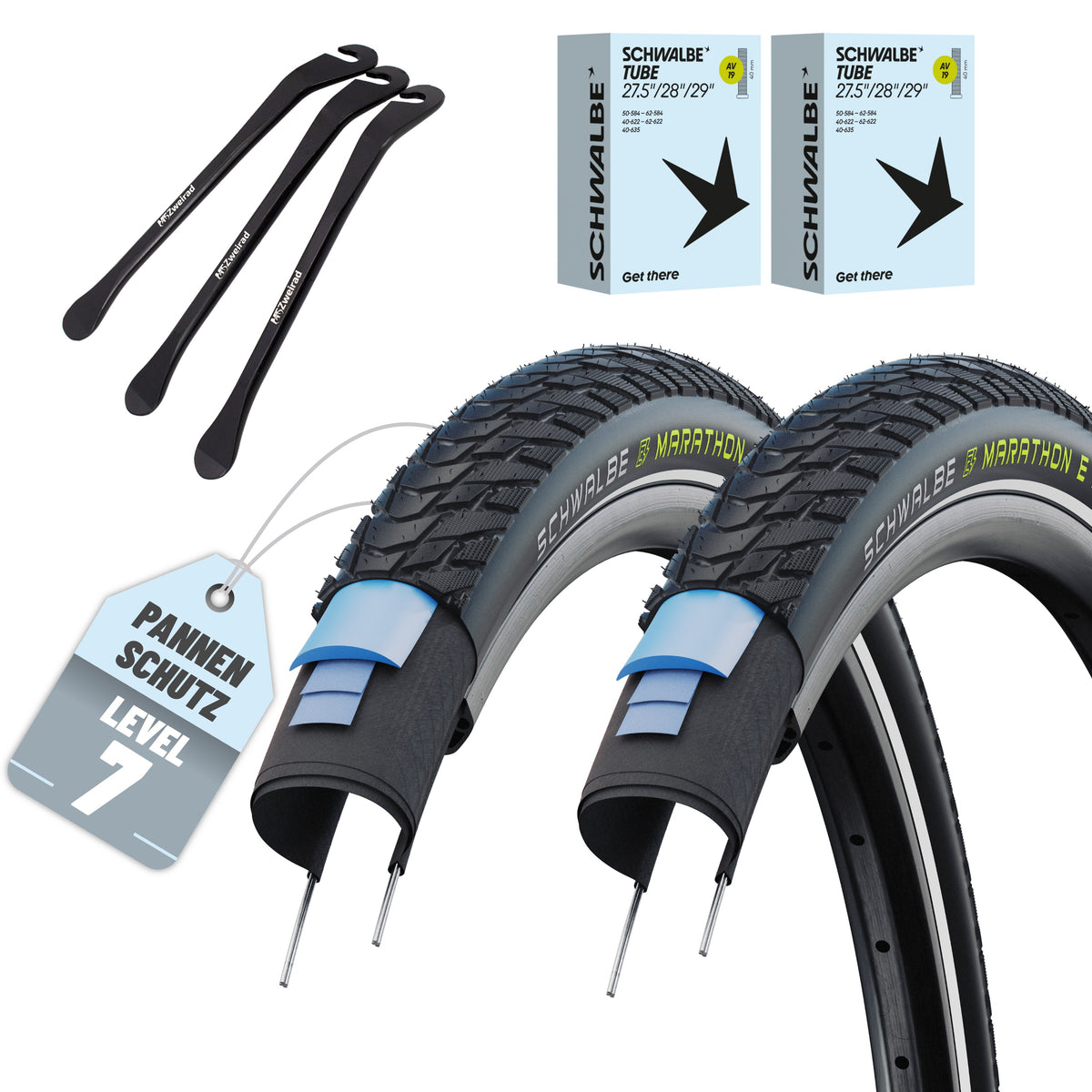 2er Set Schwalbe Reifen Marathon E-Plus Schwarz Reflex 27,5 x 2,00 (50-584)“ + Reifenheber