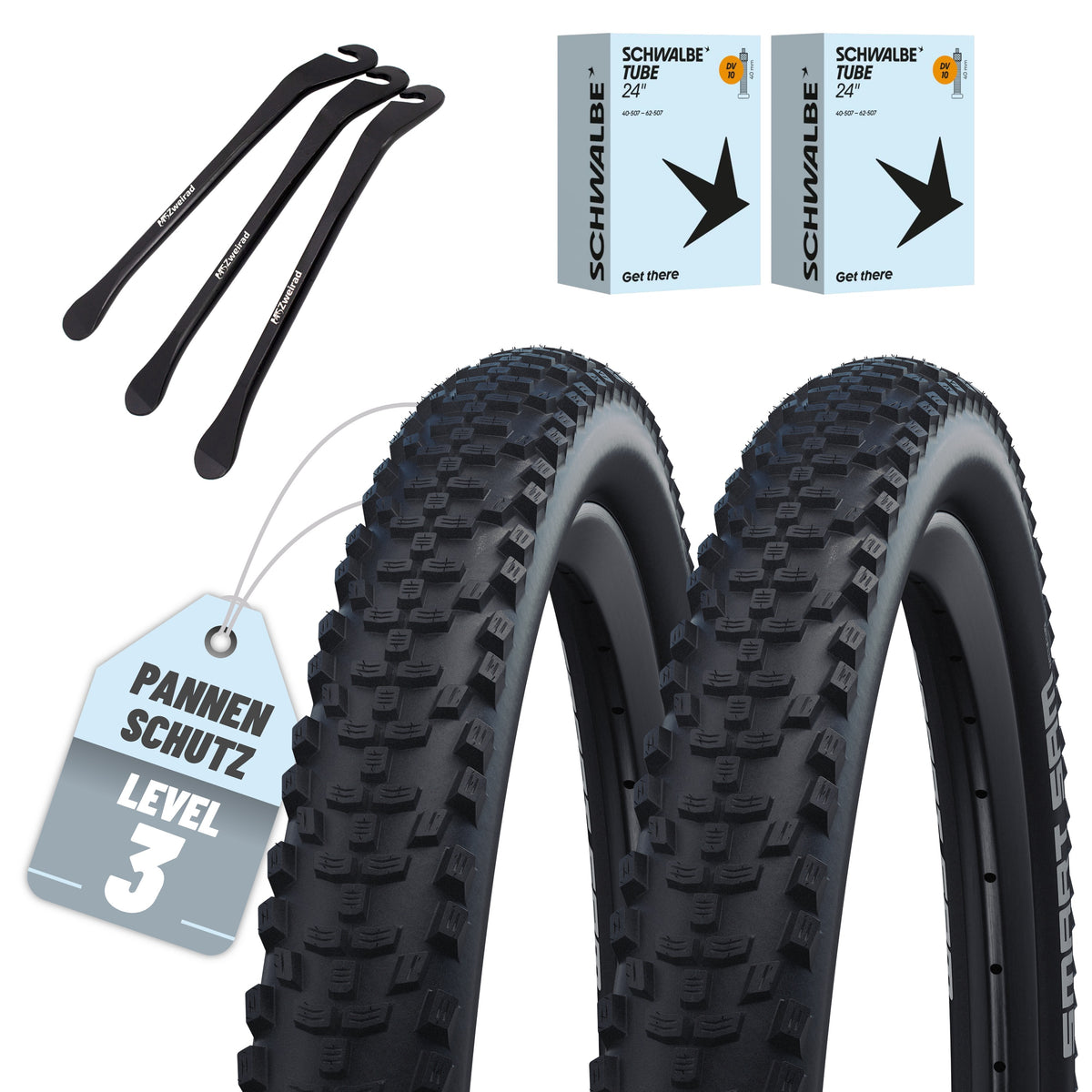 2er Set Schwalbe Reifen Smart Sam Drahtreifen 24x2,10 Zoll (54-507) + 3x MSZweirad Reifenheber