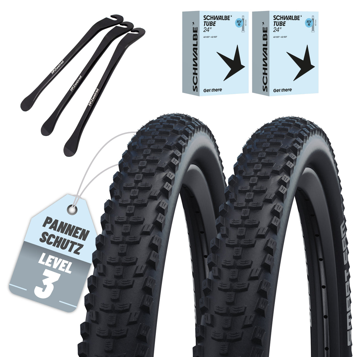 2er Set Schwalbe Reifen Smart Sam Drahtreifen 24x2,10 Zoll (54-507) + 3x MSZweirad Reifenheber