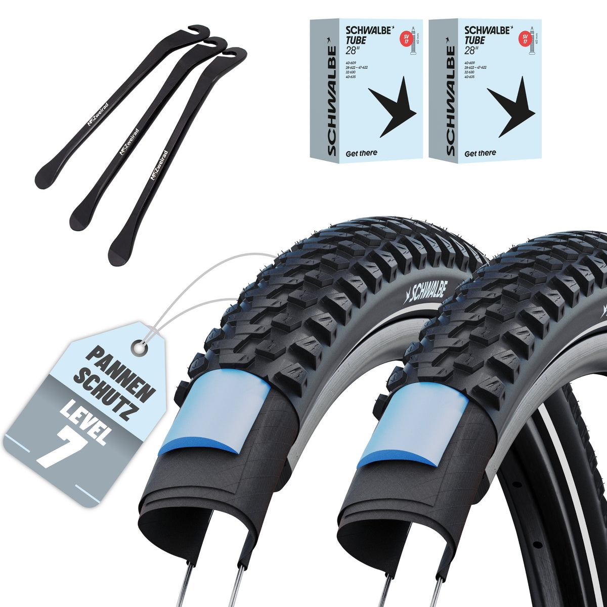 2er Set Schwalbe Reifen Marathon Plus MTB Schwarz Reflex 27.5 x 2.10 (54-584)" + 3x MSZweirad Reifenheber